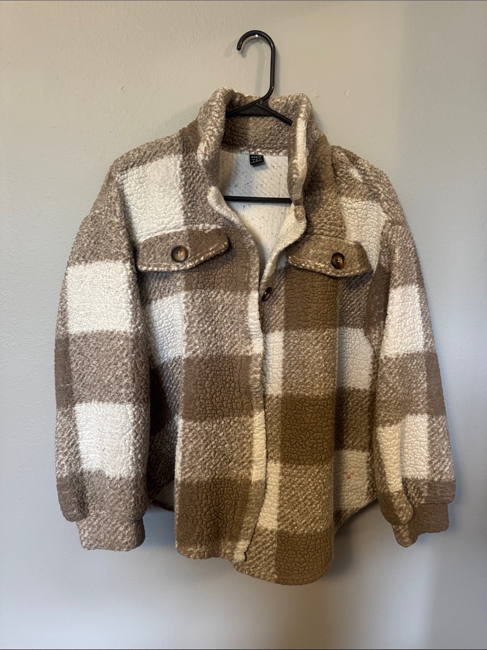 SHEIN Cream and Brown Plaid Sherpa Shacket